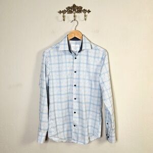 CON.STRUCT Dress Shirt Cooling Comfort Mens Size S Blue Plaid 4-Way Stretch Slim